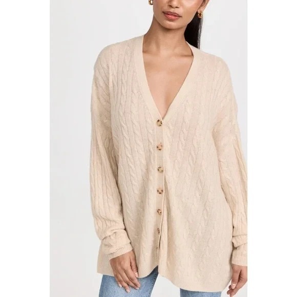 Reformation Cashmere Cardigan NWT Giusta Oversized Sweater Beige Sz L Cable Knit - Picture 3 of 9